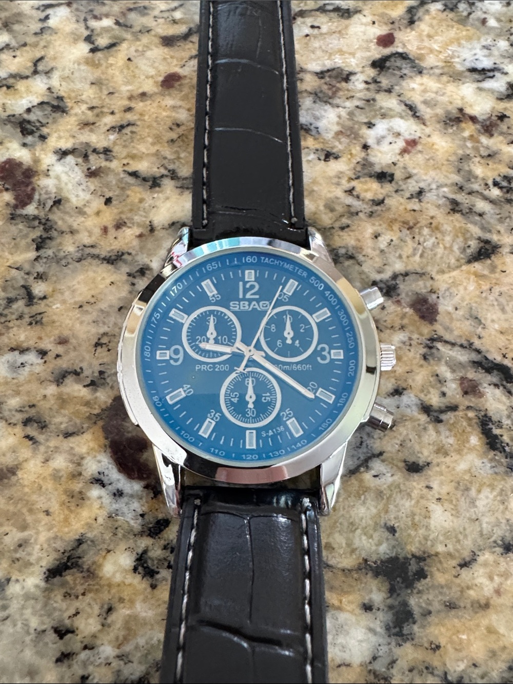 Men's Blue Dial Chronograph Watch with Black Leather Strap
